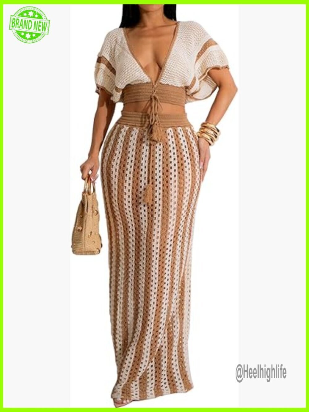 Crochet Crop Top Maxi Skirt Set Bohemian Vacation Outfit Size Small